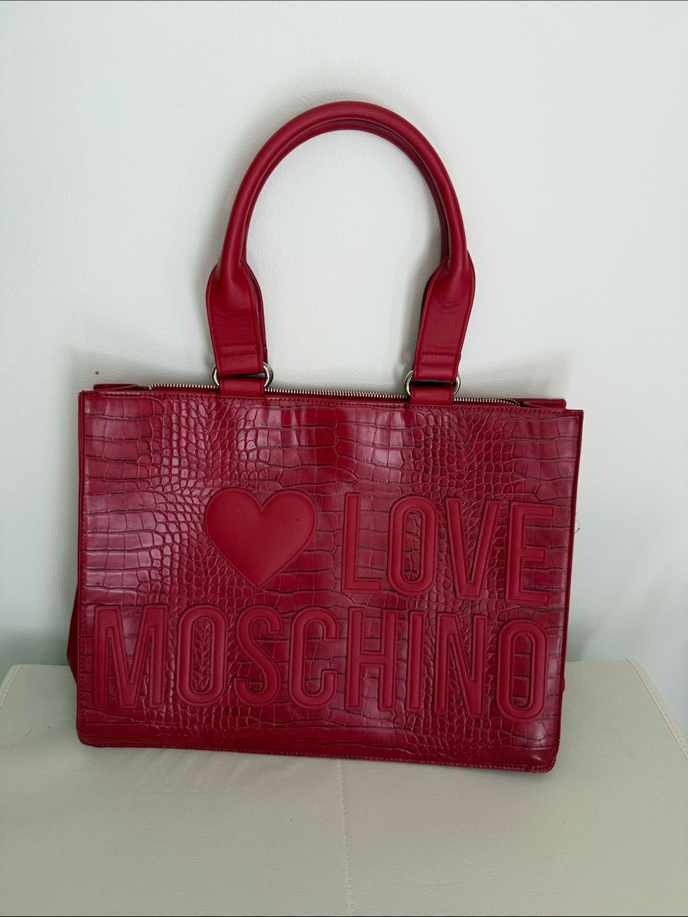 Love Moschino Red Croc-Embossed Heart Logo Tote